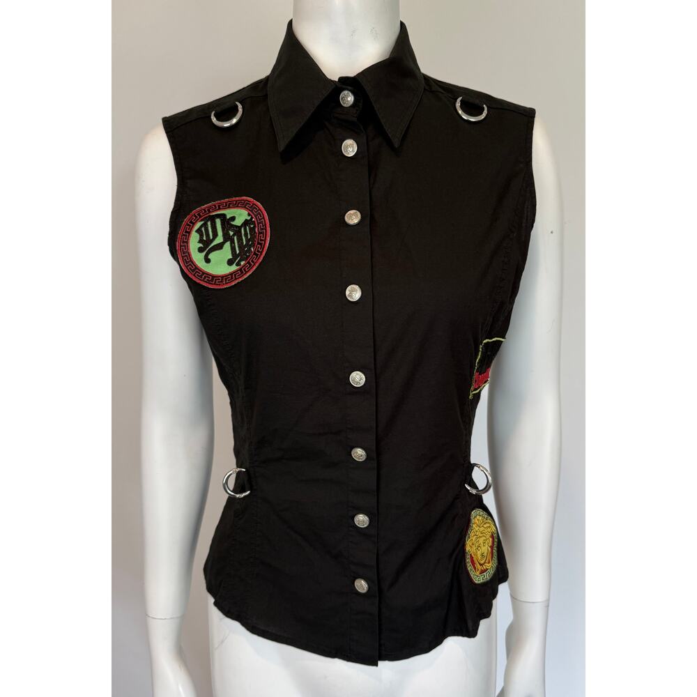 S/S 2005 Versace by Donatella Black Cotton Chaos Couture Patch Sleeveless Top